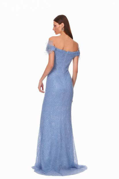 Mavi Çiçek Nakışlı Payetli Abiye Elbise